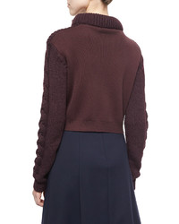 Tibi Cropped Cable Knit Pullover Sweater Burgundy
