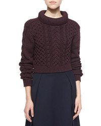 Tibi Cropped Cable Knit Pullover Sweater Burgundy