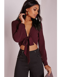 Missguided Tie Front Cropped Blouse Burgundy