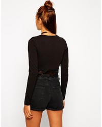 Asos Petite Top With Long Sleeves And Lace Trim Hem