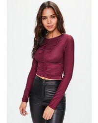 Missguided Burgundy Ruched Front Long Sleeved Crop Top