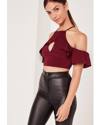 Missguided Frill Sleeved Crop Top Burgundy