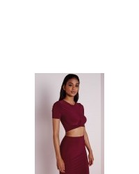Missguided Knot Front Capped Sleeve Slinky Crop Top Burgundy
