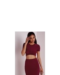 Missguided Knot Front Capped Sleeve Slinky Crop Top Burgundy