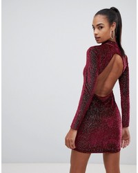 PrettyLittleThing Glitter Stripe Open Back Mini Dress In Red