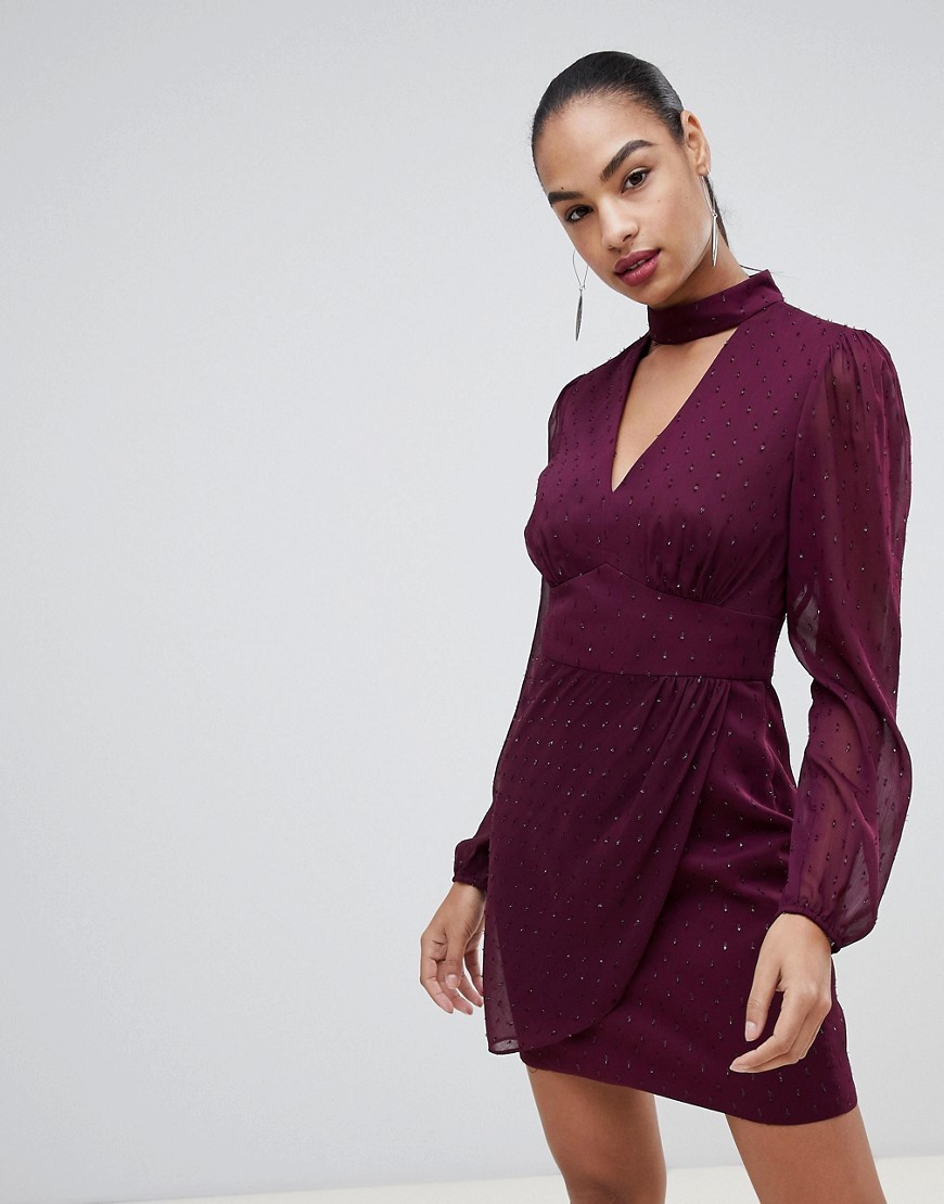Forever New Sheer Spot Wrap Dress With Choker Detail In Burgundy, $32 |  Asos | Lookastic