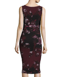 Fuzzi Sleeveless Floral Print Ruched Dress W Cutout Plum