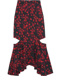 Givenchy Cutout Ruffled Midi Skirt In Floral Print Stretch Satin Red