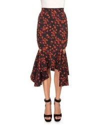 Givenchy Floral Cutout Flounce Hem Skirt Red