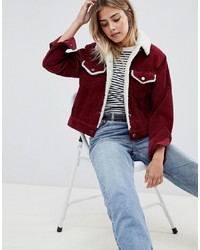 ASOS DESIGN Cord Jacket With Borg Collar In Berry