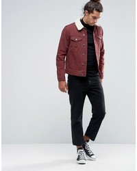 Asos Slim Denim Jacket In Burgundy With Fleece Collar