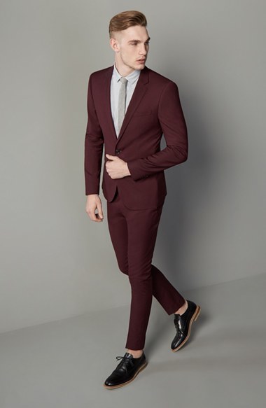 Dobell Burgundy Skinny Fit Suit Trousers 