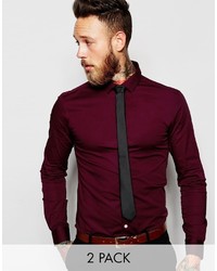 Asos Brand Skinny Shirt In Burgundy And Tie Set