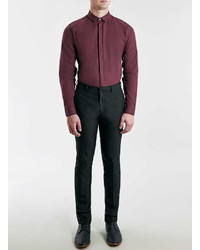 Topman Burgundy Oxford Long Sleeve Dress Shirt