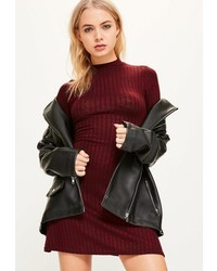 Missguided Burgundy High Neck Ribbed Dress