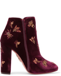 Aquazzura Fauna Leather Trimmed Embellished Velvet Boots Claret