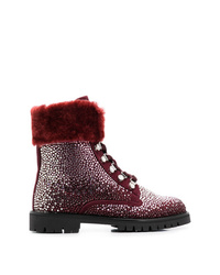 Burgundy Embellished Leather Lace-up Flat Boots