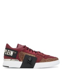Burgundy Embellished Leather Low Top Sneakers