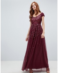 Amelia Rose Embellished Ombre Sequin Maxi Dress With Cami Strap In Berry