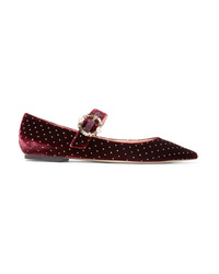 Burgundy Embellished Velvet Ballerina Shoes