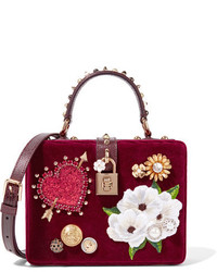Dolce & Gabbana Dolce Box Leather Trimmed Embellished Velvet Tote Burgundy