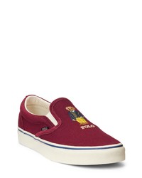 Burgundy Embroidered Canvas Slip-on Sneakers