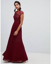 Chi Chi London Lace Top Maxi Dress With Pleated Skirt In Wine