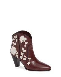 Burgundy Embroidered Leather Ankle Boots