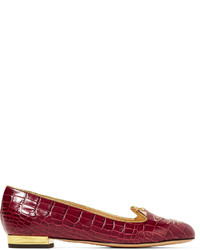 Burgundy Embroidered Leather Loafers