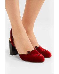 Charlotte Olympia Kitty Embroidered Patent Leather Trimmed Velvet Pumps