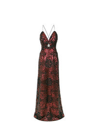 Burgundy Embroidered Sequin Evening Dress