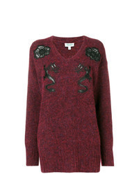 Burgundy Embroidered V-neck Sweater