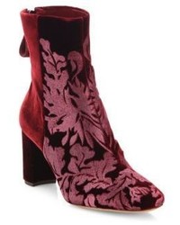 Burgundy Embroidered Velvet Ankle Boots