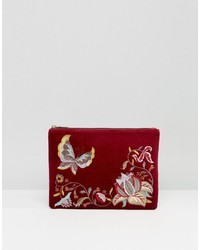 Glamorous Velvet Zip Top Clutch With Embroidery In Burgundy