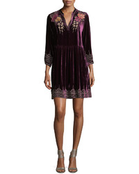 Johnny Was Flores 34 Sleeve Boho Velvet Dress W Floral Embroidery Petite