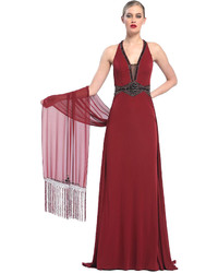 Sue Wong Embellished Chiffon Gown In Burgundy