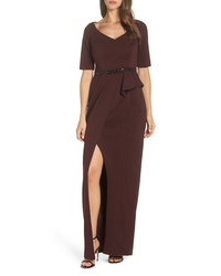 Adrianna Papell Jeweled Front Belt Crepe Gown