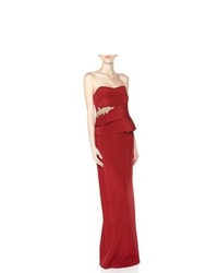 Notte by Marchesa Floral Beaded Silk Peplum Gown Red