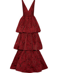 Marchesa Tiered Fil Coup Organza Gown Burgundy