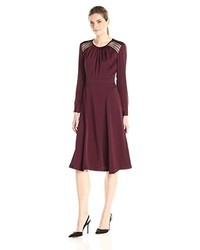 Anne Klein Crushed Satin Lace Insert Detail Fit And Flare Long Sleeve Dress