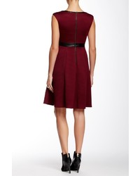 Maggy London Sleeveless Pleather Trim Textured Knit Flared Dress