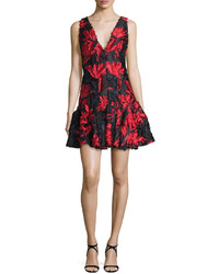 Milly Sleeveless Textured Leaf Fit And Flare Dress Redblack
