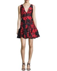Milly Sleeveless Textured Leaf Fit And Flare Dress Redblack