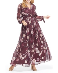 Burgundy Floral Chiffon Maxi Dress