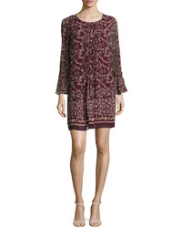 Max Studio Pleated Front Bell Sleeve Floral Print Dress Wine