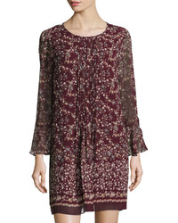 Max Studio Pleated Front Bell Sleeve Floral Print Dress Wine