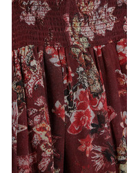 IRO Smocked Floral Print Georgette Dress Burgundy