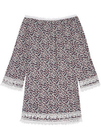 Miguelina Tammy Crochet Trimmed Floral Print Cotton Voile Mini Dress Burgundy