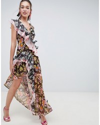 ASOS DESIGN Mixed Floral Print Ruffle Asymmetric Maxi Dress