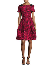 Rickie Freeman For Teri Jon Short Sleeve Floral Jacquard Fit And Flare Dress Cherry